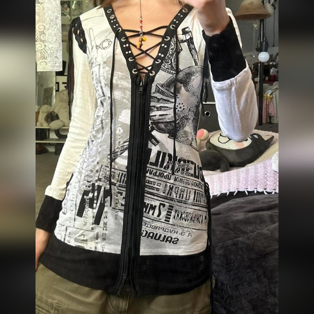 Salvage Black White Cardigan Sweater Top Zip Up Long Sleeves Vintage Rare Rocker